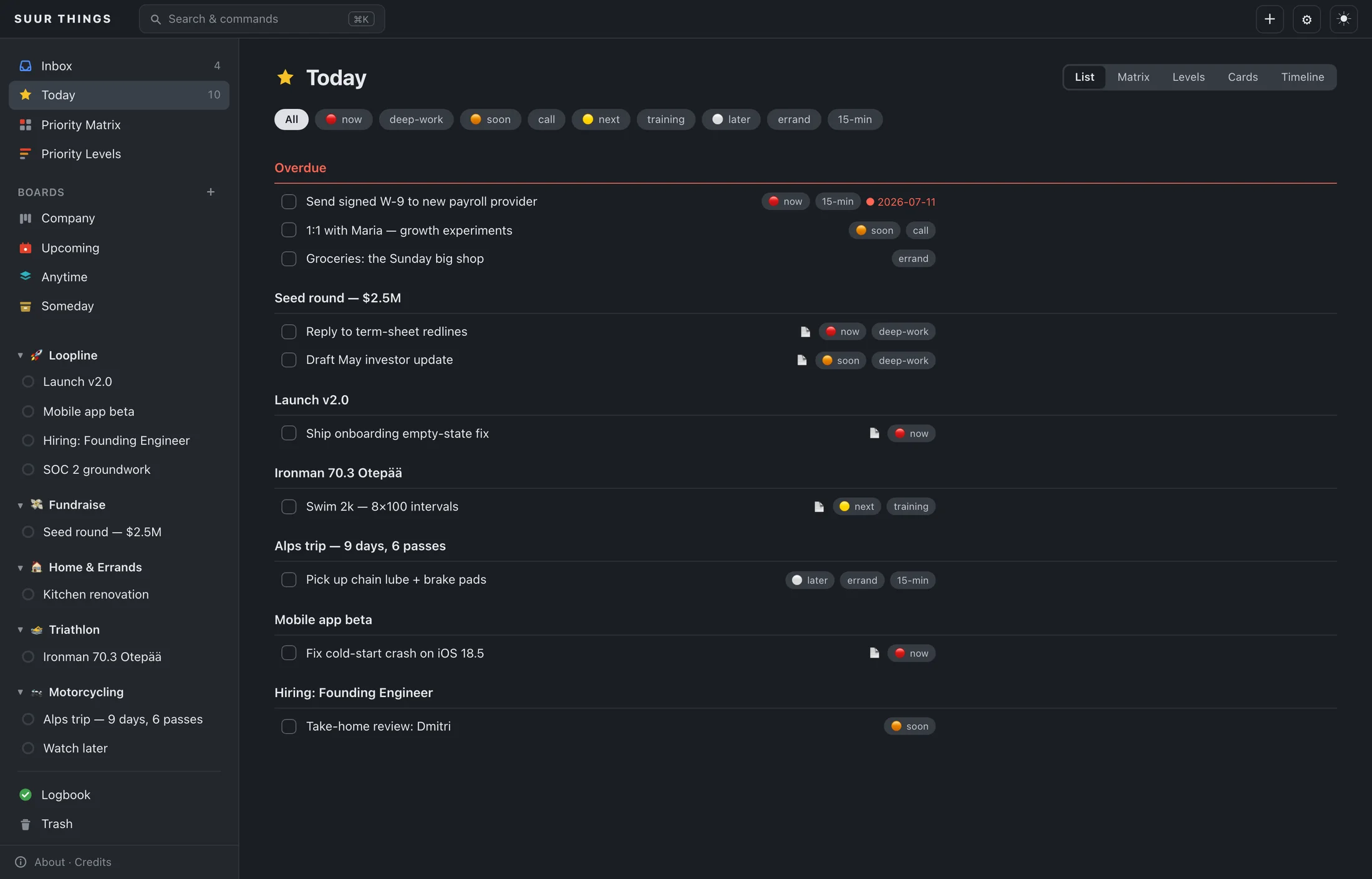 SUUR Things dashboard in dark mode