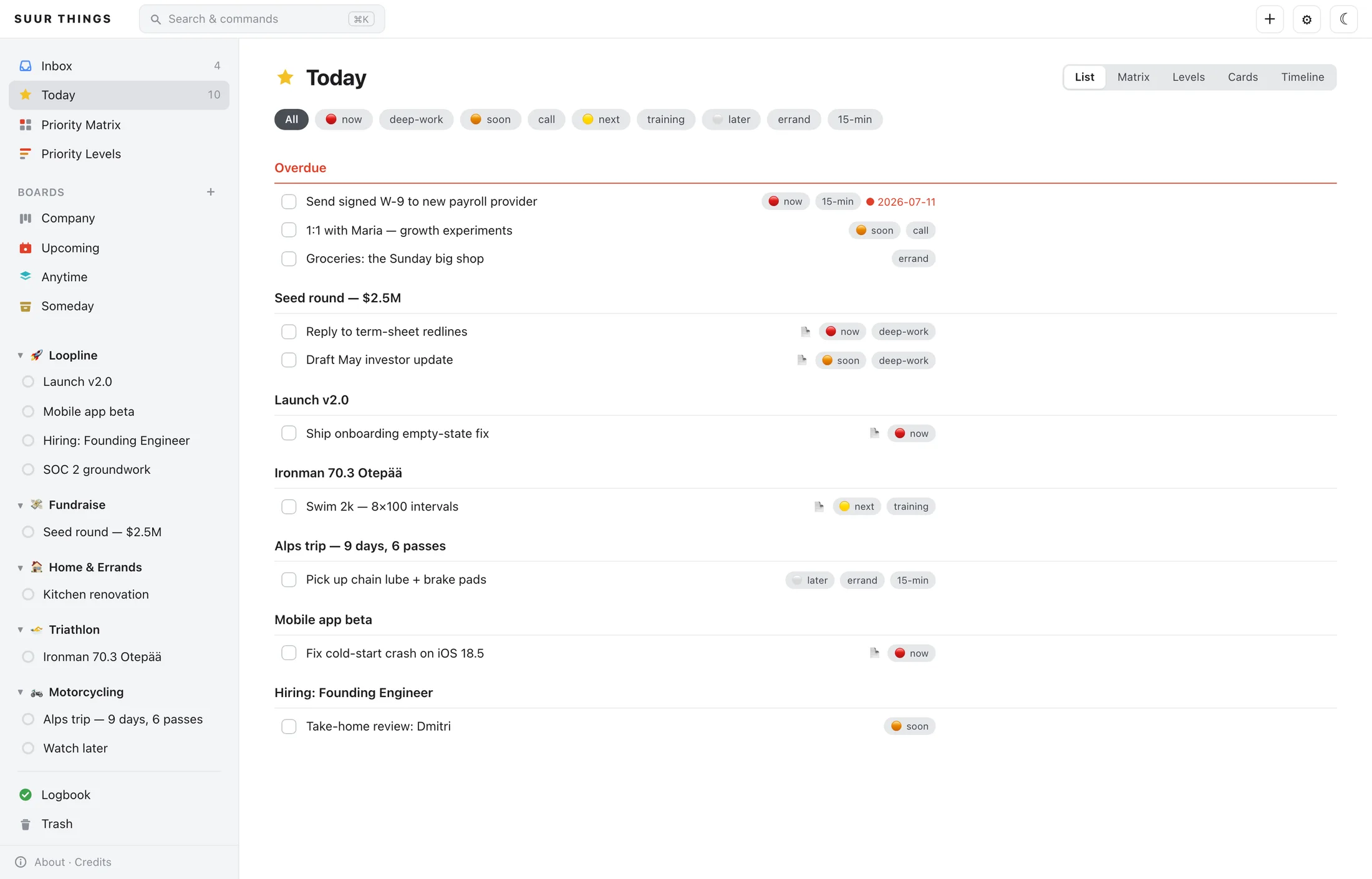 SUUR Things dashboard, Today view, faithful to Things 3